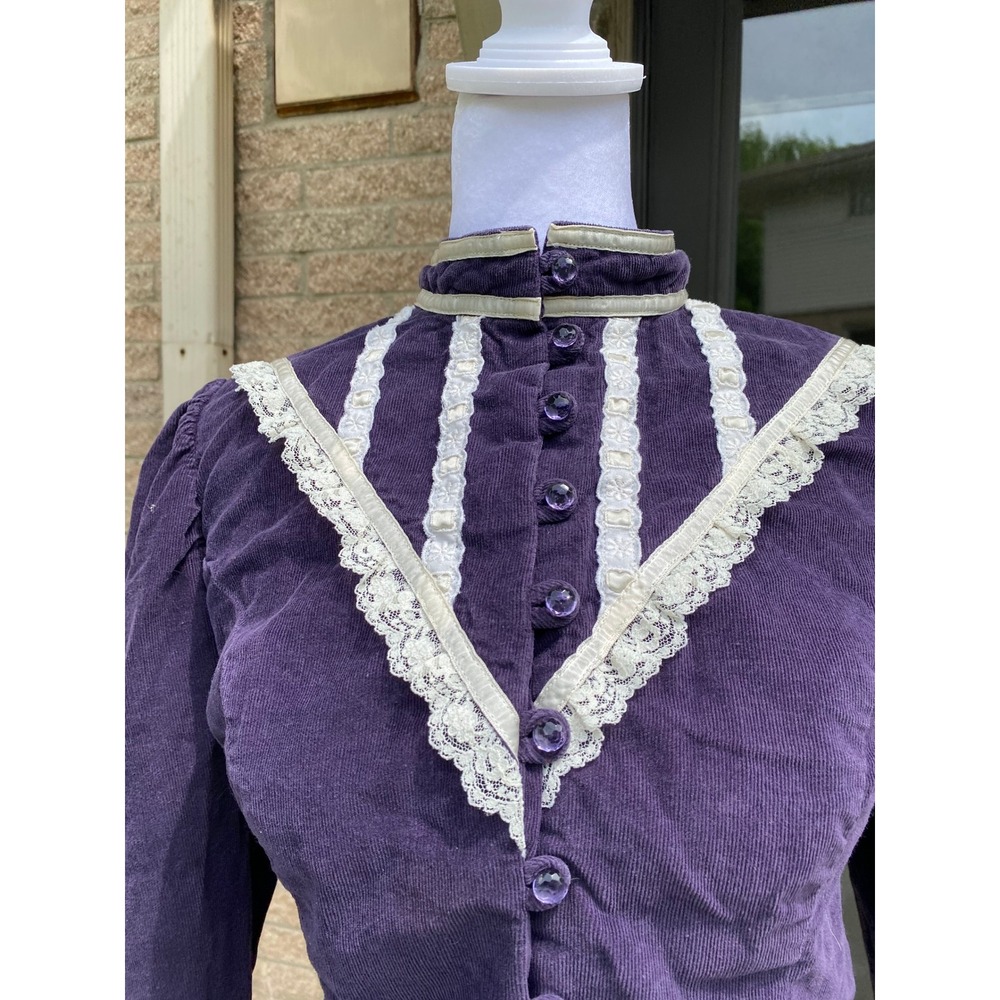 Vintage Corduroy Victorian Peplum Blouse Lace High Neck Ruffle Purple Western - Picture 3 of 4
